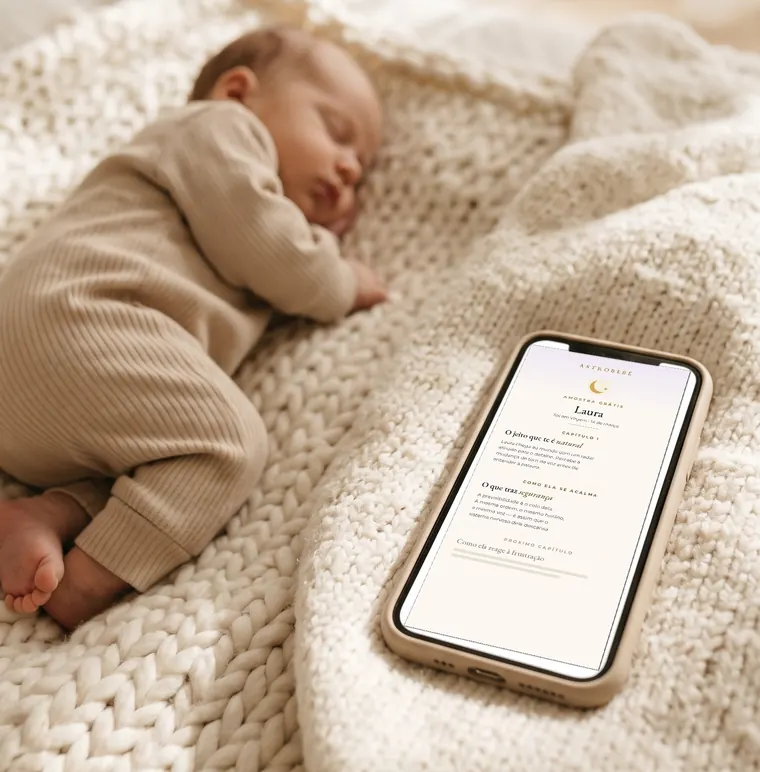Bebê dormindo sobre uma manta de tricô, ao lado de um celular que mostra a amostra do mapa astral.